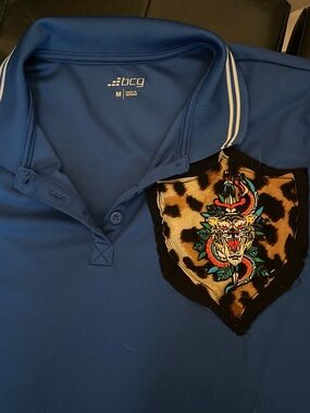 bcg Blue Polo with Leopard Shield Patch and Colorful Tiger Embroidery